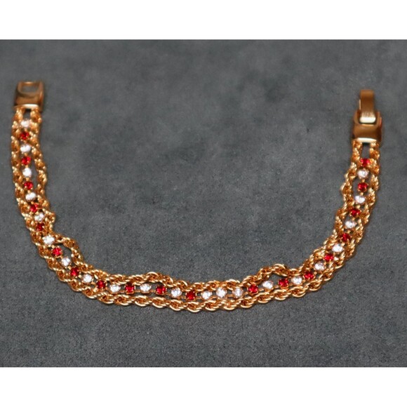 Vintage Rhinestone Tennis Bracelet Ruby Red & Clear - Picture 3 of 5